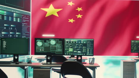 empty governmental hacking room with chinese flag on a big screen