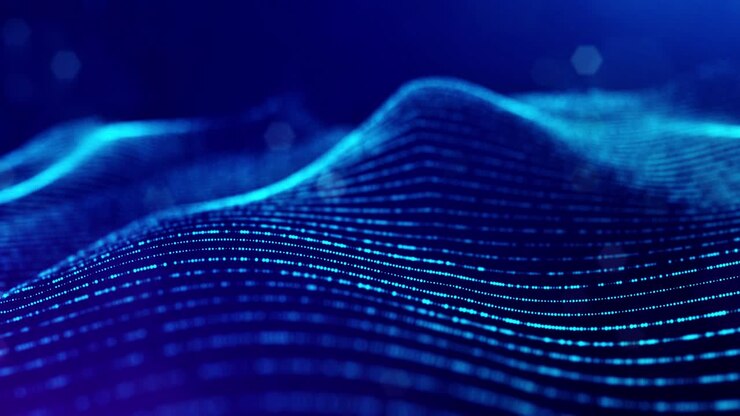 Sfondo 3D in loop, concetto di flusso di dati, spazio digitale sci-fi. Campo blu ad alta tecnologia con particelle luminose che formano linee e onde superficiali. Flusso di informazioni hi-tech, blockchain, visualizzazione di big data. DOF