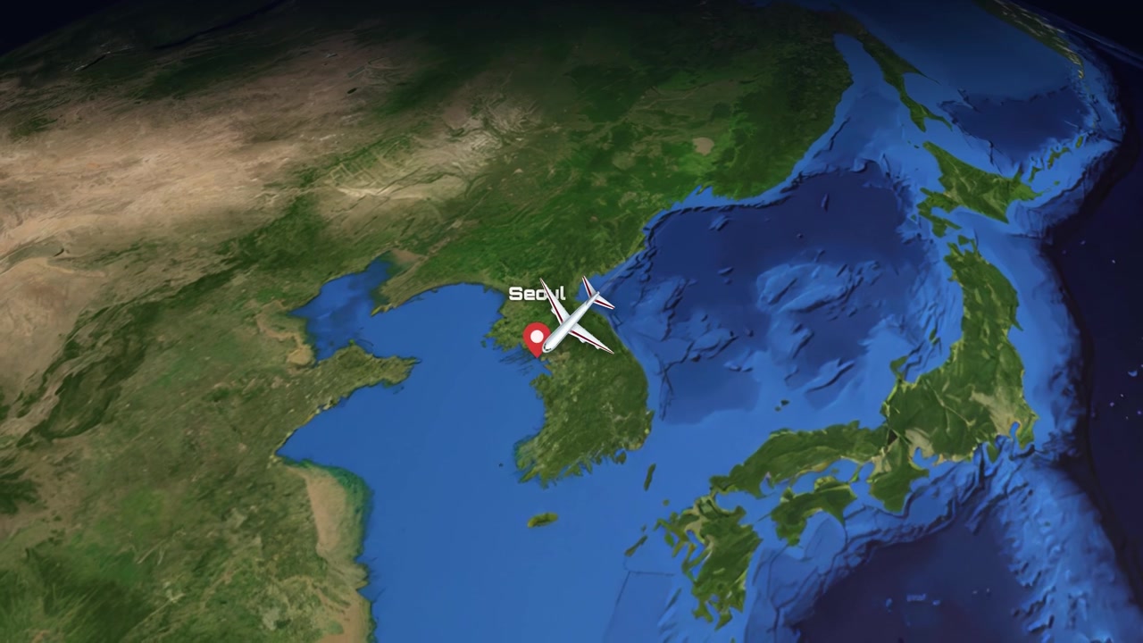 A commercial airplane flies across a 3D globe from Dallas to Seoul with satellite imagery