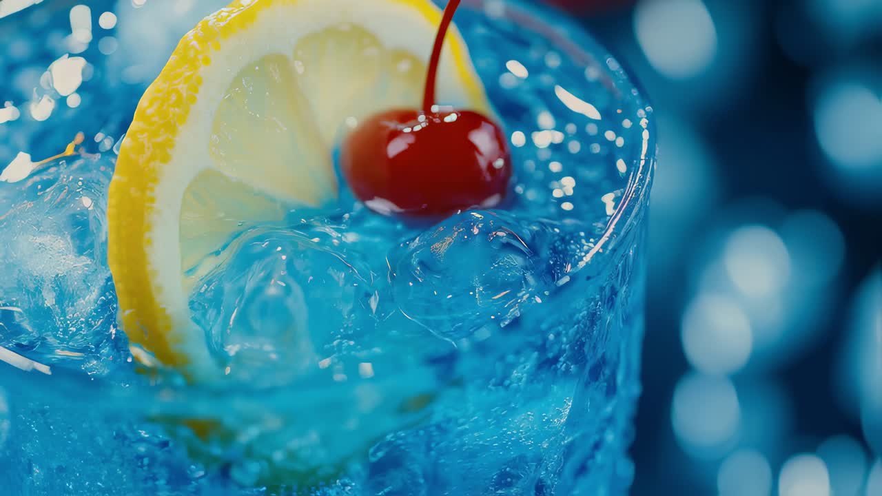 Rotating blue cocktail with glistening ice cubes, vibrant lemon slice, and deep red maraschino cherry against blurred bokeh backdrop, highlighting mixology craftsmanship