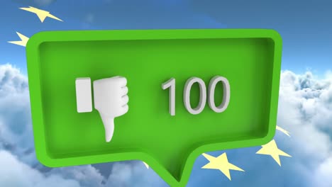 animación de un icono diferente con números en la burbuja de habla con la bandera de la unión europea y nubes