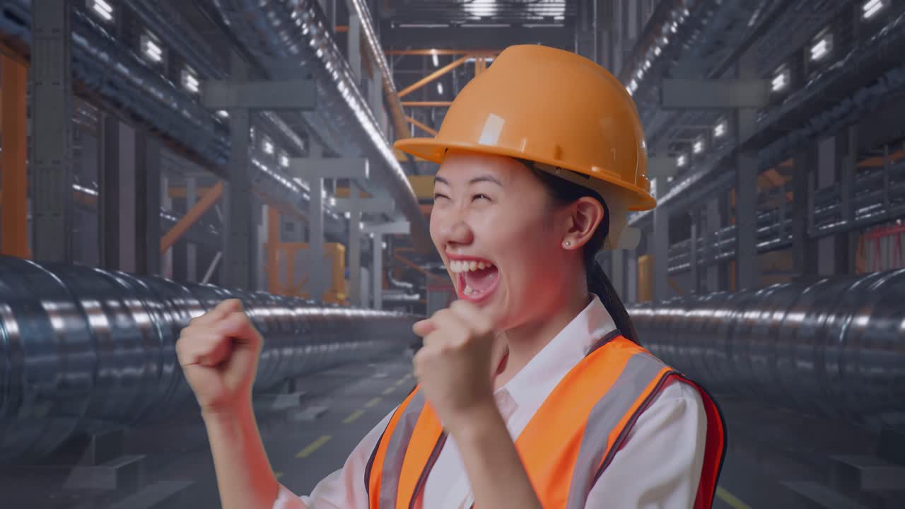 Close Up Of Side View Of Asian Female Engineer With Safety Helmet Screaming Goal Celebrating Working With Metal Pipes