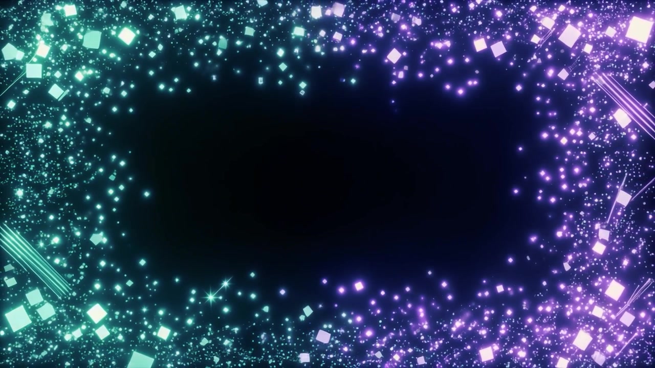 Sobreposição de Moldura de Partículas Abstratas Brilhantes em Azul-Petróleo e Roxo