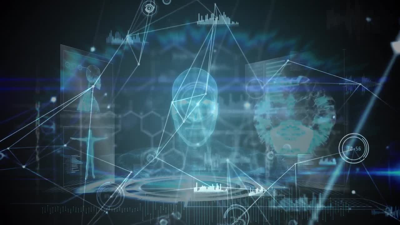 Network of connections over digital interface with medical data processing against blue background