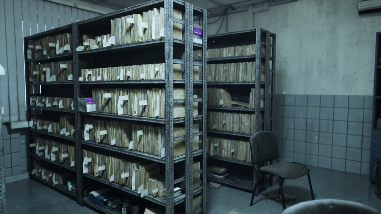 방치된 병원 아카이브 방, 손상된 기록과 빈 의자