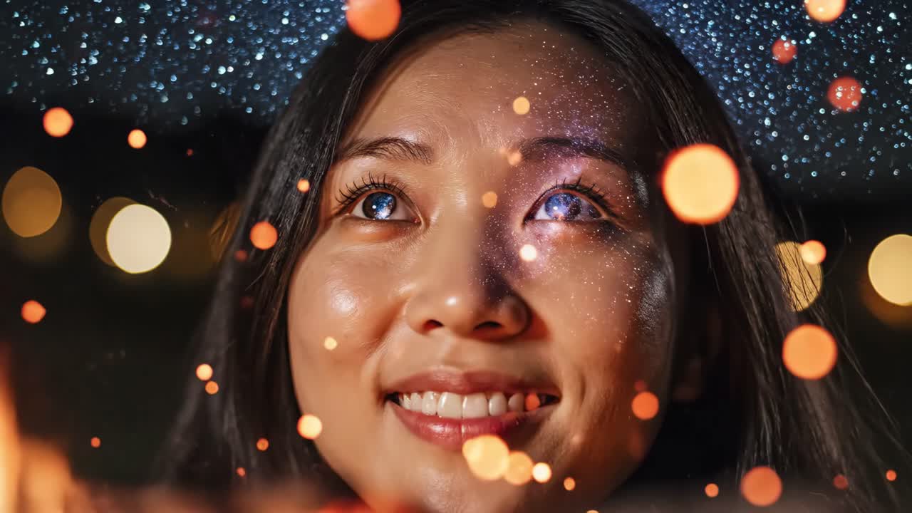 A woman with a starry gaze looking towards a magical night