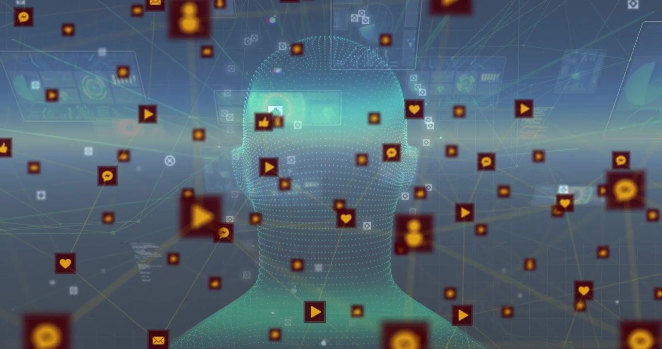 Animation of network of connections with icons over blue background