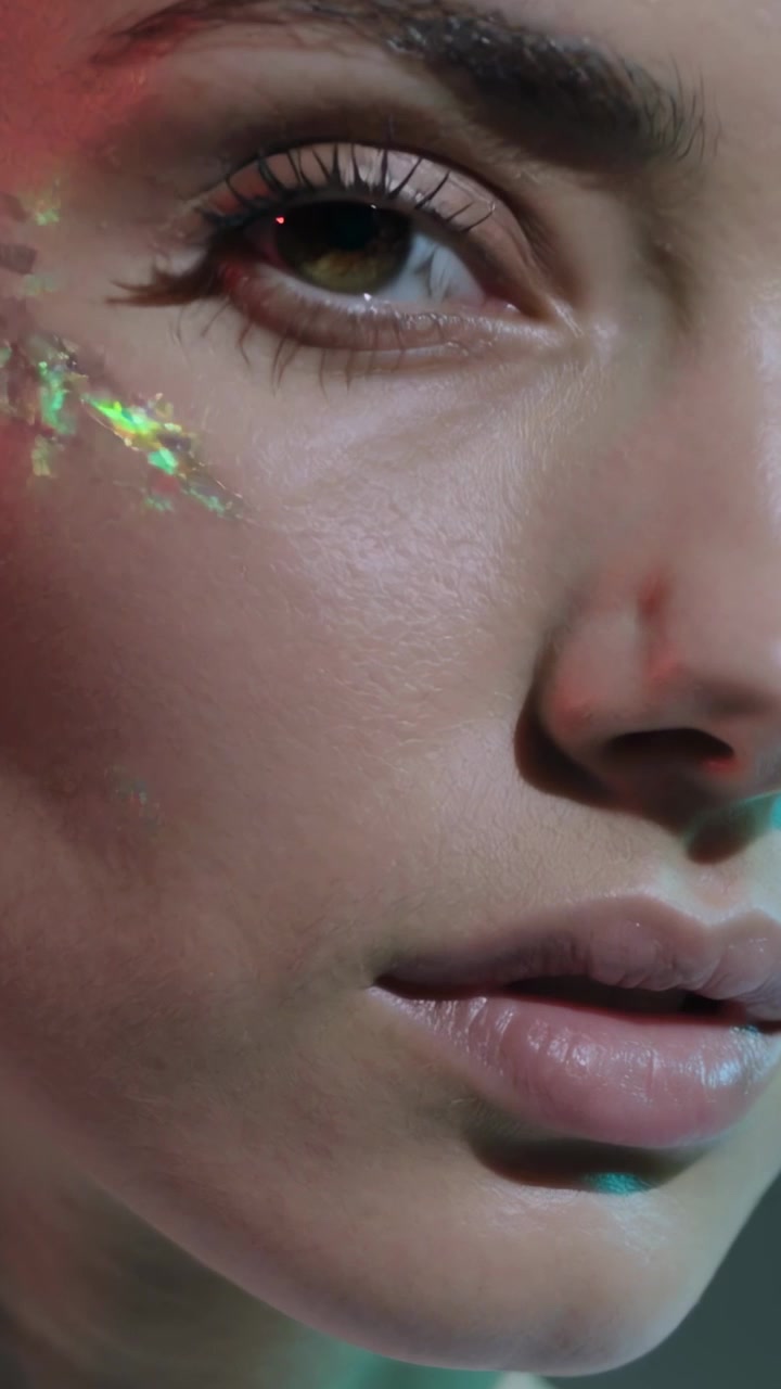 Vertical video: Zooming lens showing makeup on model in studio, glitter catching red teal light