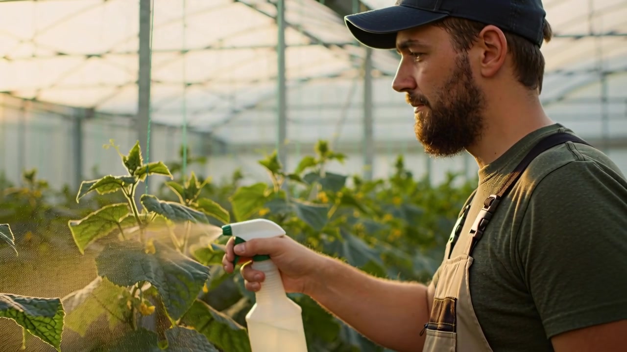 Uomo con berretto e tuta da lavoro che spruzza, nebulizzando piante da serra e premendo una bottiglia bianca per la cura, con spazio per il testo.