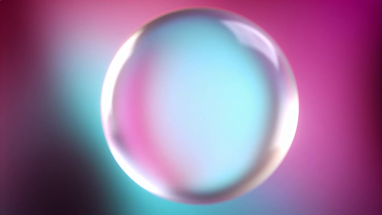 Shifting glossy bubble centering on gradient backdrop, shifting pink to cyan with frames advancing