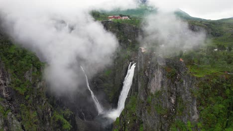 the waterfall voringsfossen shot with a drone in the national park hardangervidda in norway