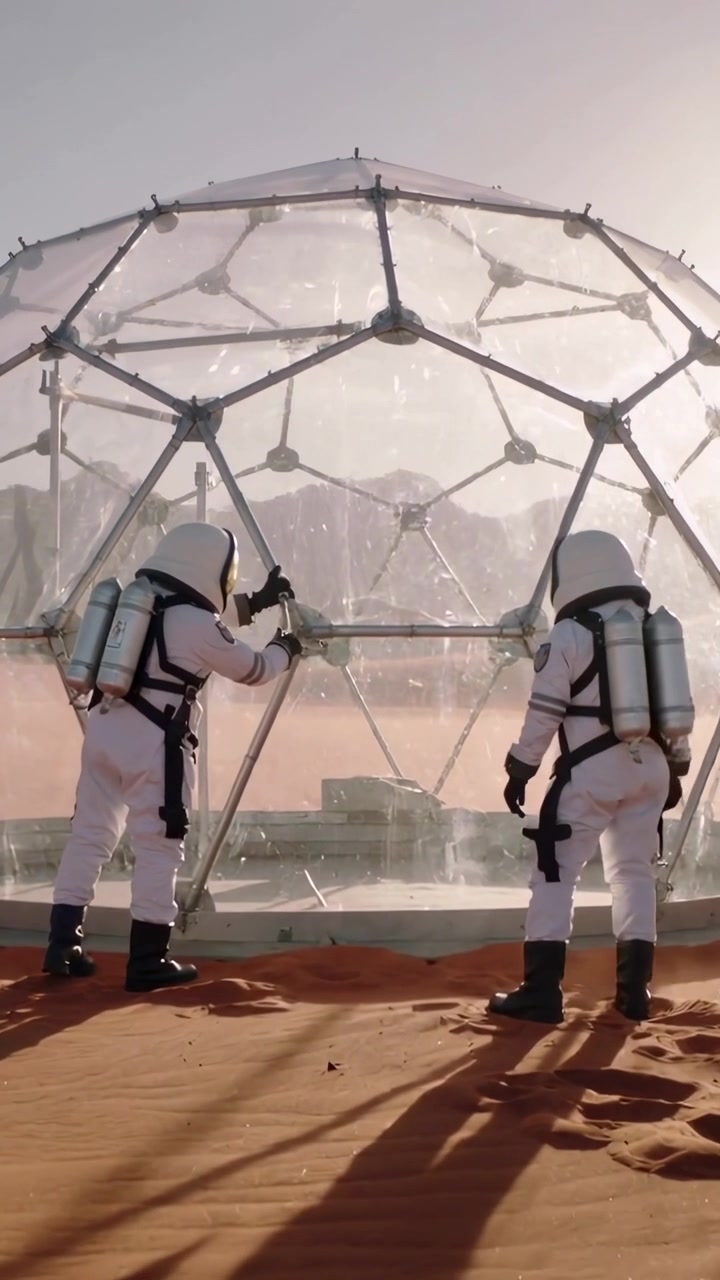 Video verticale: Membro dell'equipaggio si protende a sinistra testando un portello a cupola sulla sabbia rossa per l'accesso, mentre un compagno in tuta osserva.