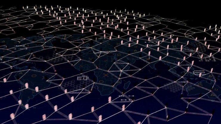 Global network forming on map, gold icon starting radial lines adding pink icons forming dense grid