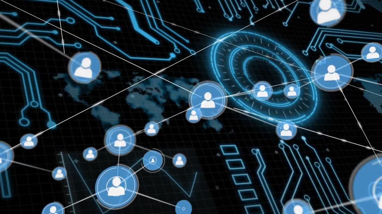 Animation of data processing and network of connections over black background
