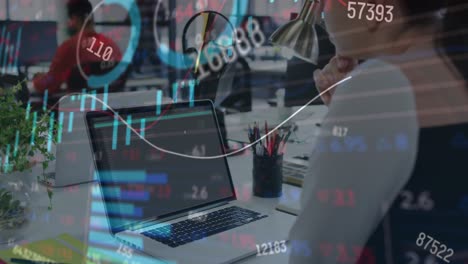animación del procesamiento de datos financieros sobre una mujer de negocios caucásica usando una computadora portátil.
