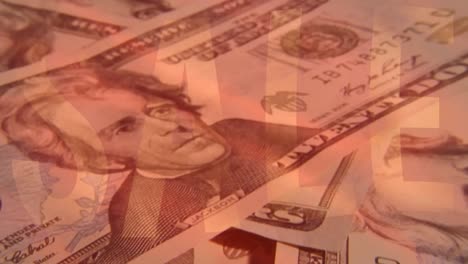 animación de billetes de dólares estadounidenses y texto de venta