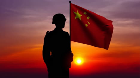 chinese soldier silhouette with flag at sunset