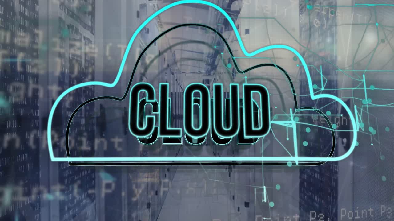 Animation of cloud text in cloud and computer language over data server room