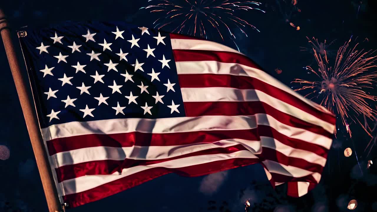 Low-angle shot of the American flag waving against a night sky with fireworks