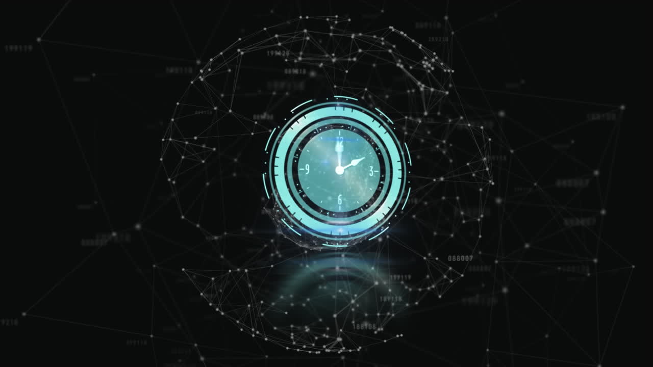 Animation of network of connections over clock on dark background