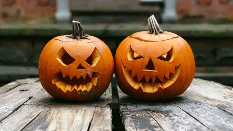 two carved pumpkins sitting on top of a wooden table