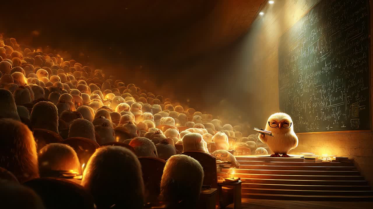 A charming classroom scene featuring a knowledgeable animated character at the front, surrounded by an attentive audience of fluffy creatures, all engaged in a captivating learning experience illuminated by warm light