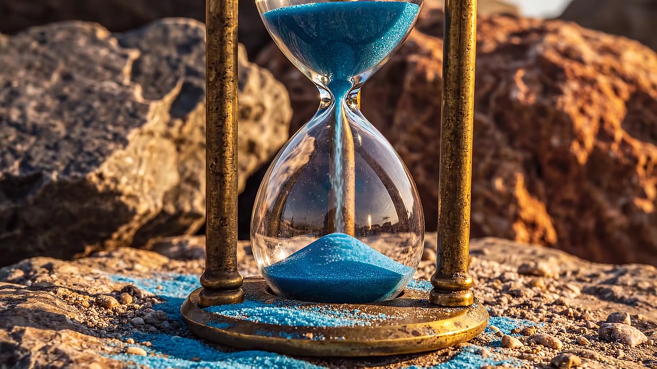Golden hour close up of hourglass with blue sand flowing
