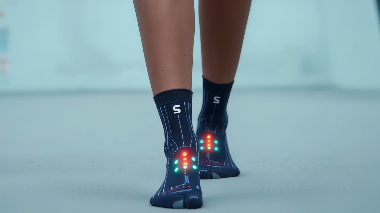 Vertical video: Stepping woman legs and feet starting walk in studio demoing black socks with LED