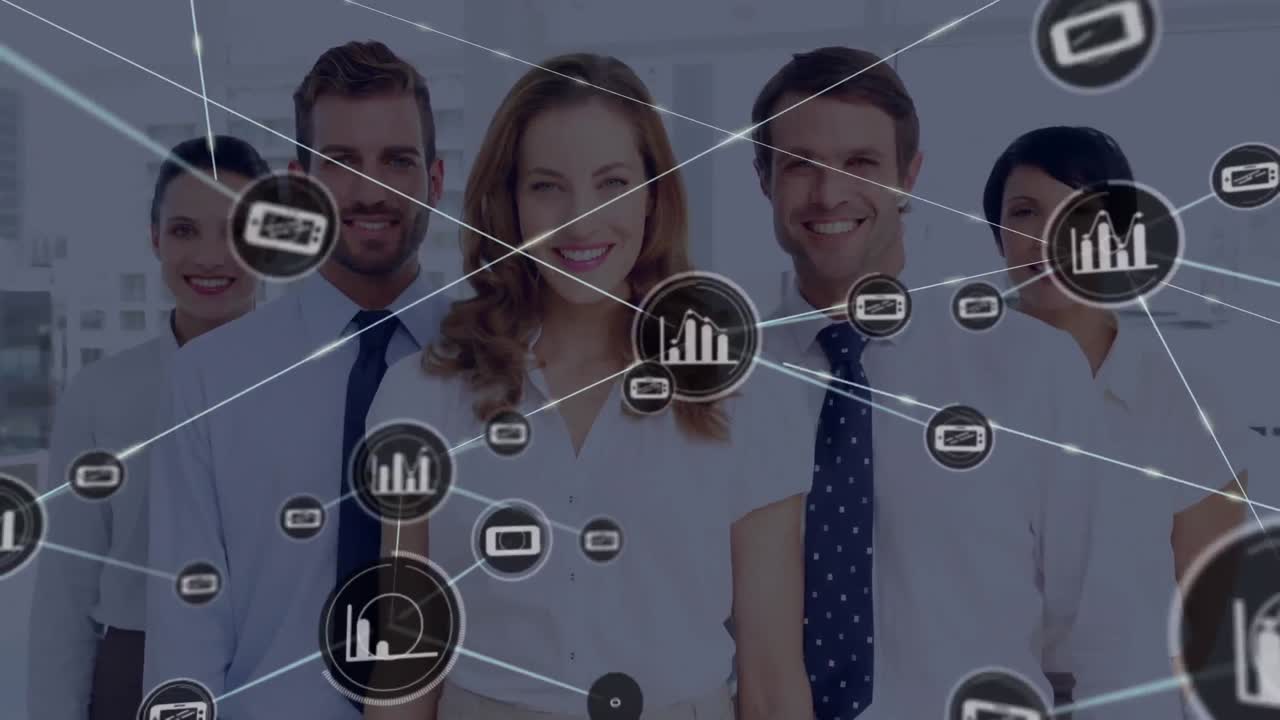 animación de la red de conexión con iconos sobre personas de negocios que usan auriculares de teléfono