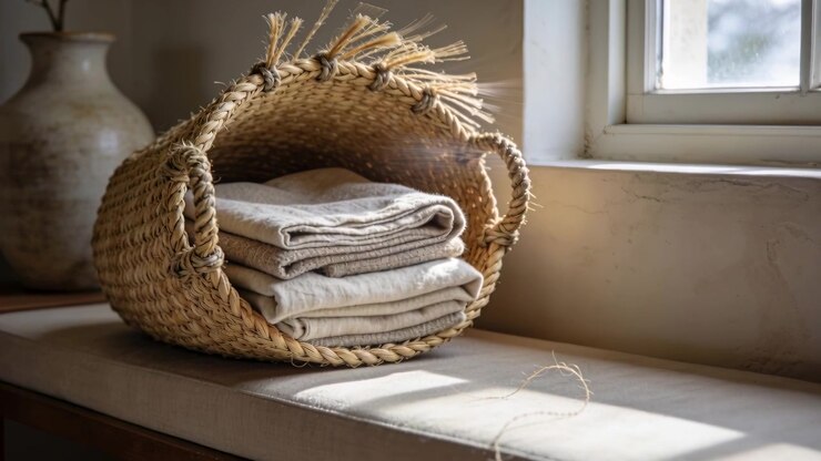 Moving camera tightening frame around straw basket on window seat, sunlight showing loose thread
