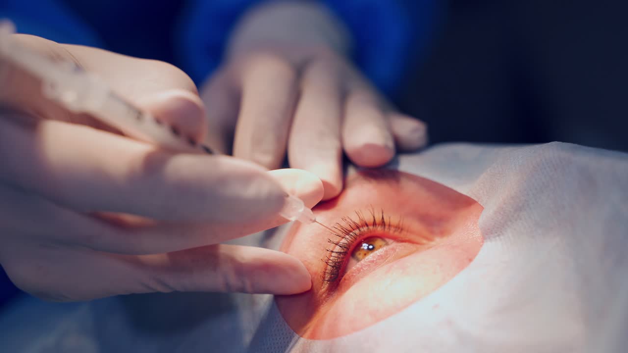 Patient under sterile cover. Close up detail of surgery of the eye