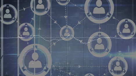 network graphic displaying user icons in concentric nodes, showing dashed lines and dotted waveform