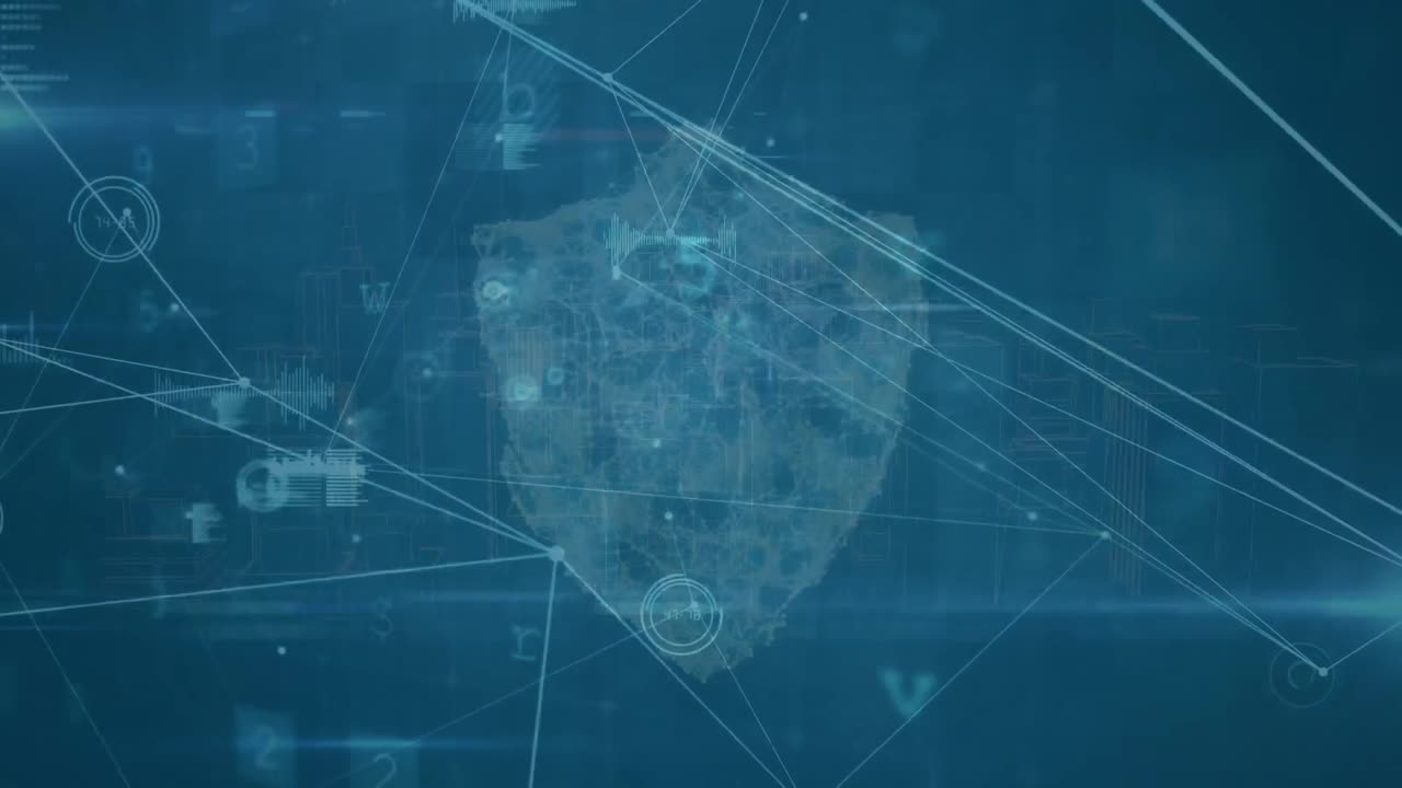 animación de la red de conexiones con icono de escudo y advertencia de ciberataque.