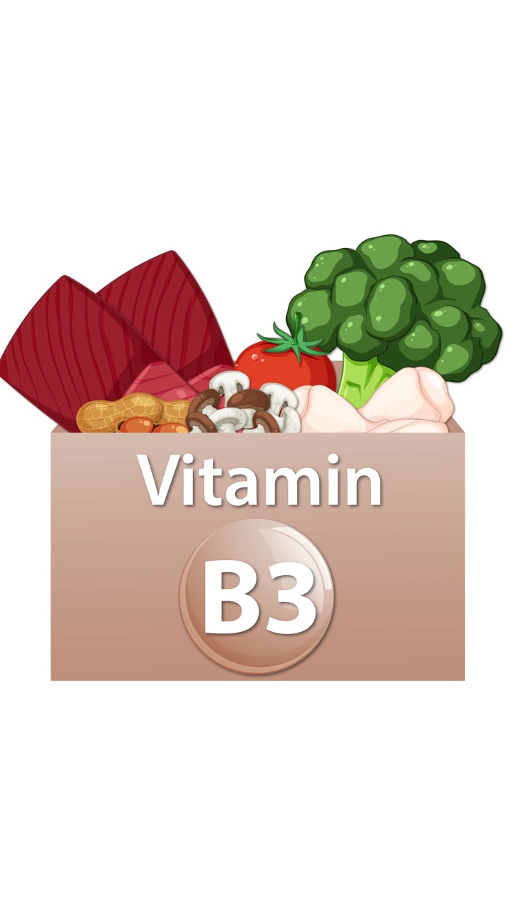Una scatola etichettata Vitamina B3 si riempie di verdure e noci, animazione verticale fluida, sfondo bianco.