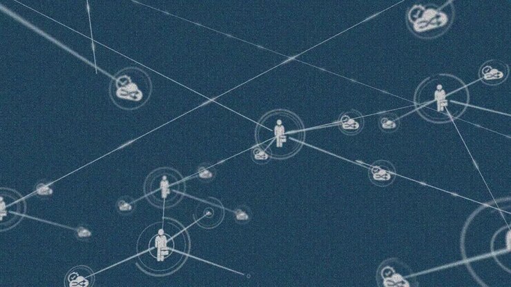 Animation of network of digital icons against blue background