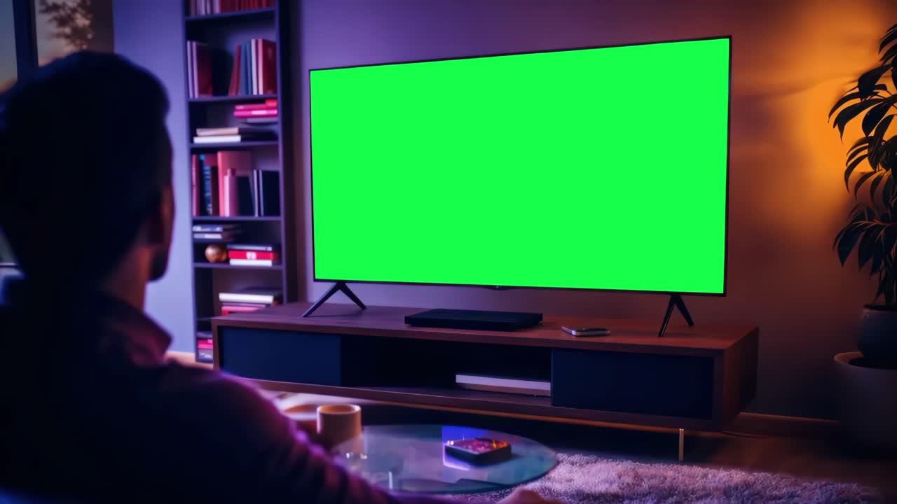 Man watching TV animation, transparent 4K video, green screen