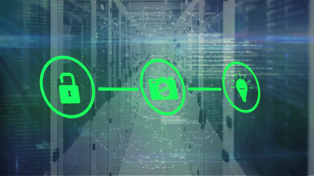 Animation of lock, camera, bulb forming flowchart over digital globe and networking racks