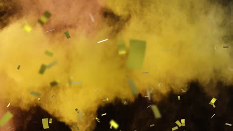 Animation-of-yellow-and-pink-clouds-of-smoke-with-golden-confetti-falling