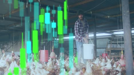 animation of financial data processing over caucasian man feeding chickens