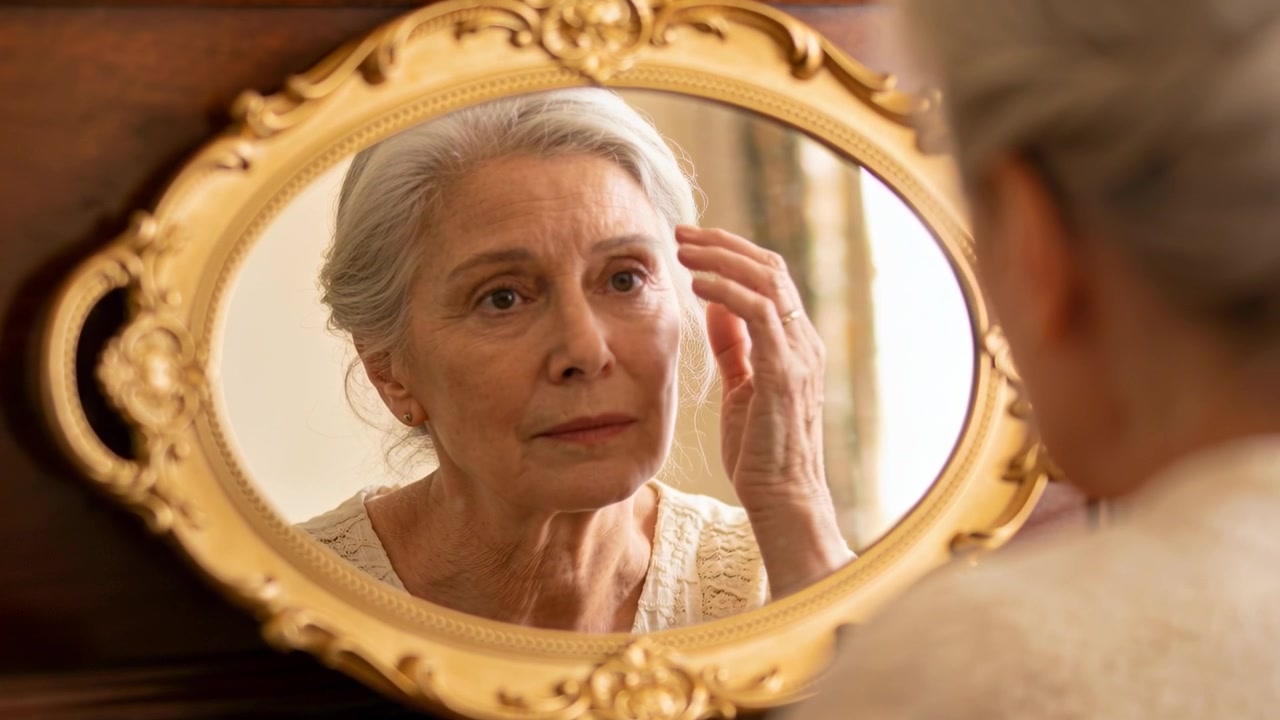 Guardandosi in uno specchio ovale dorato, donna anziana in camicetta chiara che si sistema i capelli, curando il viso alla toeletta