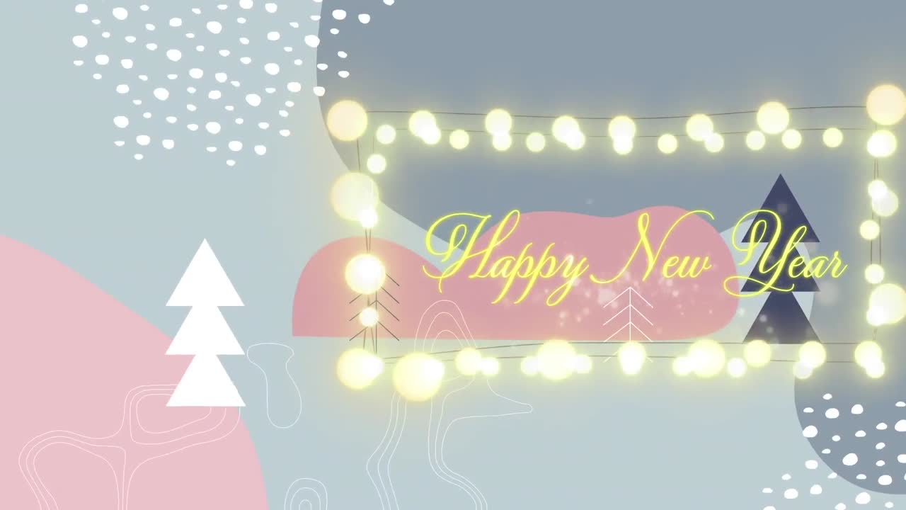 크리스마스 트리 아이콘, 토포그래피 및 추상적인 모양에 대한 행복한 새해 텍스트와 요정 빛