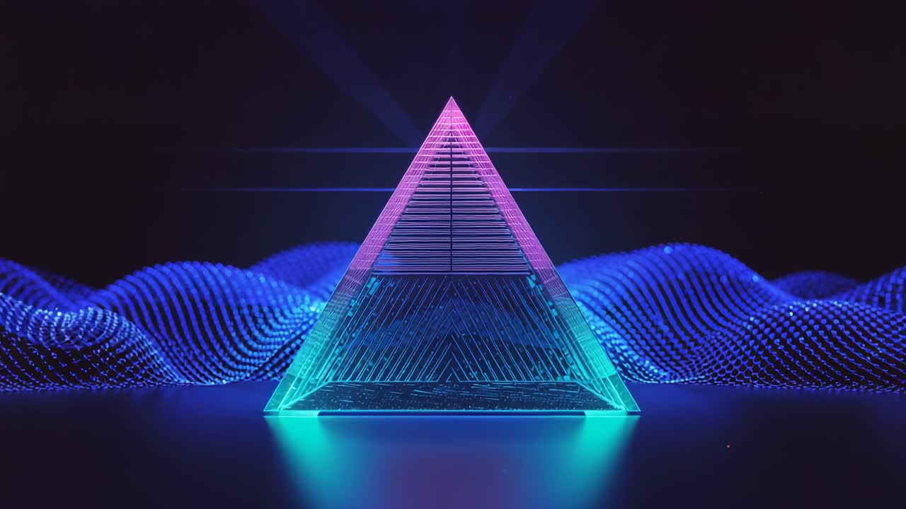 Pulsing blue point-cloud waveform lighting glass neon pyramid in dark space, emitting upward lasers