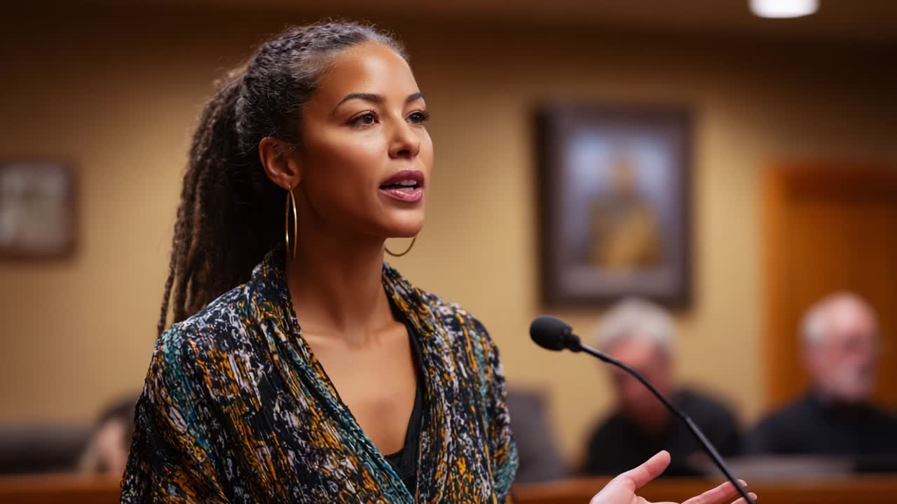 Dynamic courtroom scene featuring an articulate speaker passionately addressing the audience while in a legal setting, showcasing the drama and intensity of the judicial process with a focus on expression and engagement
