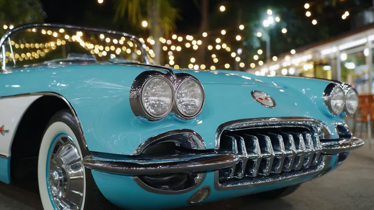 Eine klassische Schönheit: Atemberaubendes Oldtimer-Cabriolet unter funkelnden Lichterketten, das sein zeitloses Design und seine exquisiten Details in einer lebendigen Umgebung zur Schau stellt