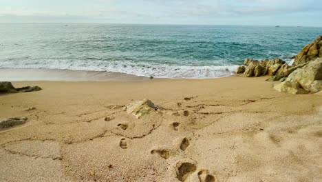 Mediterranean-beach-without-people-at-sunrise-turquoise-blue-calm-water-Barcelona-coast-Maresme-Costa-Brava-Spain-European-tourism-no-poelple