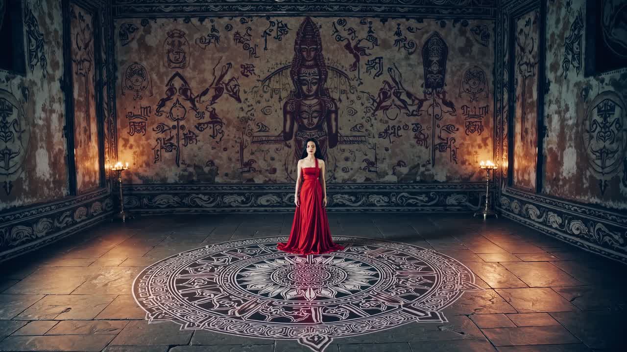 Woman in flowing red dress stands gracefully in an ornate room, surrounded by intricate wall art and glowing candles, embodying a mystical atmosphere of elegance and intrigue
