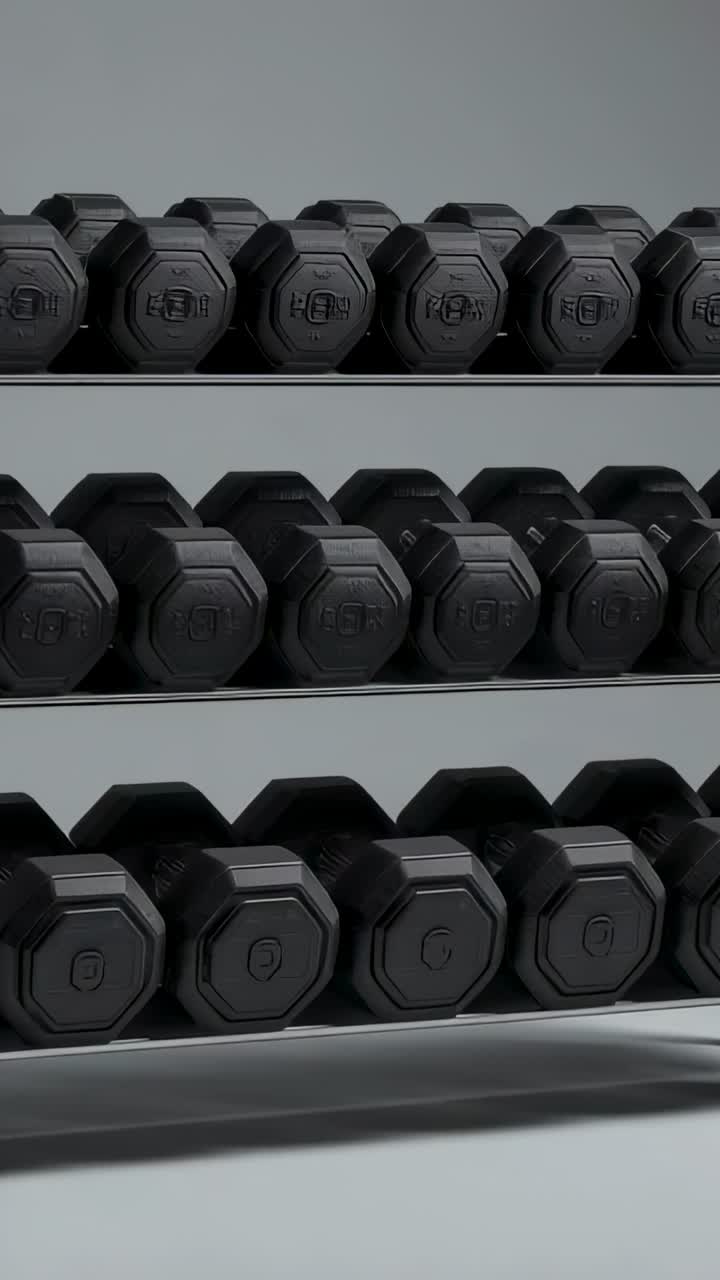 Vertical video: Panning camera moving across three-tier dumbbell rack at gym showing raised numbers