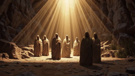statues in a cave illuminated by sunlight