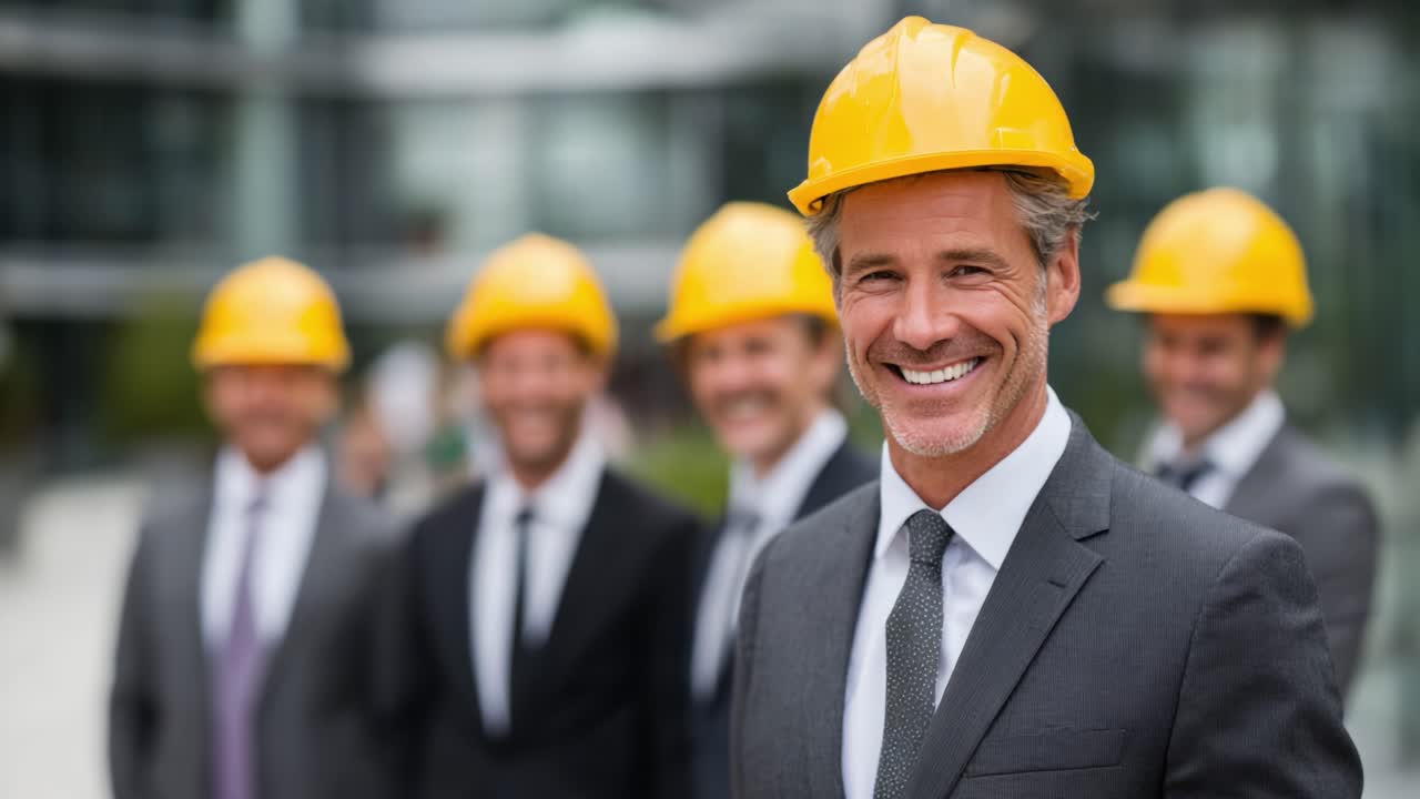 Confident Construction Team: A Group of Professionals Sporting Hard Hats, Smiling, and Showcasing Teamwork on a Modern Job Site in a Dynamic Urban Environment