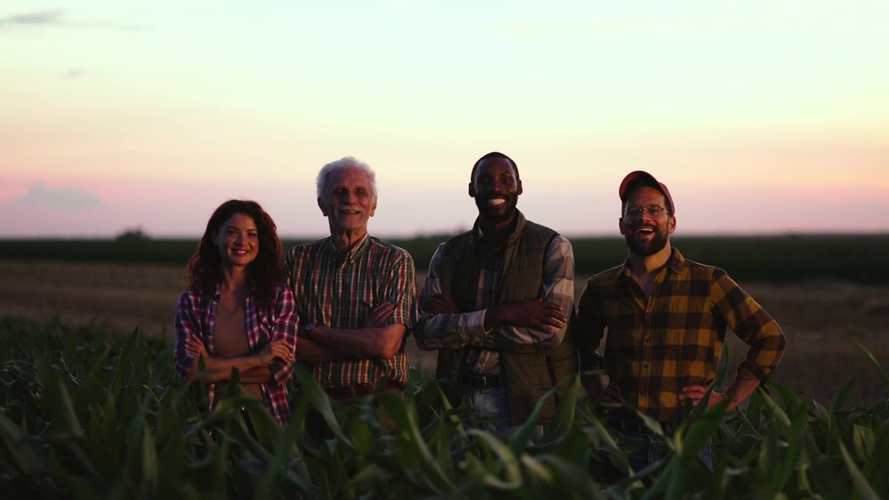 Gruppo eterogeneo di agricoltori in piedi in un campo di grano al tramonto